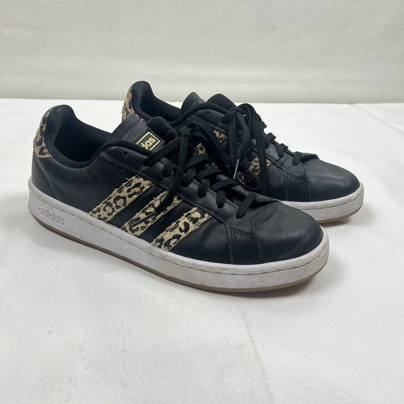Adidas Shoes Womens 9 Black Leather Cheetah Three Stripe Sneakers Cloudfoam - Picture 11 of 11